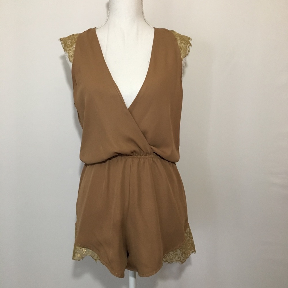 Lioness Tan Romper with Gold Lace accents